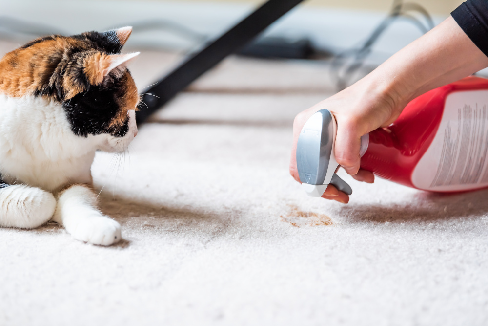 A person sprays cleaner on a carpet stain while a calico cat watches nearby.