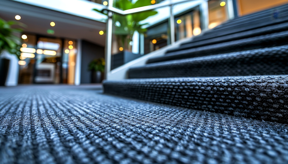 Close-up view of a carpeted staircase in a modern interior, with glass railings and blurred background, including potted plants and a doorway.