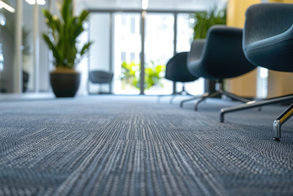 An office hallway with blue carpet, modern blue chairs, and large potted plants. The area is well-lit with natural light from large windows in the background.