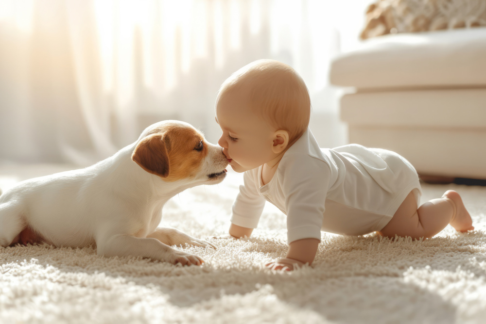 Carpet Cleaning Products Save for Pets and Babies - A baby leans forward to touch noses with a small dog